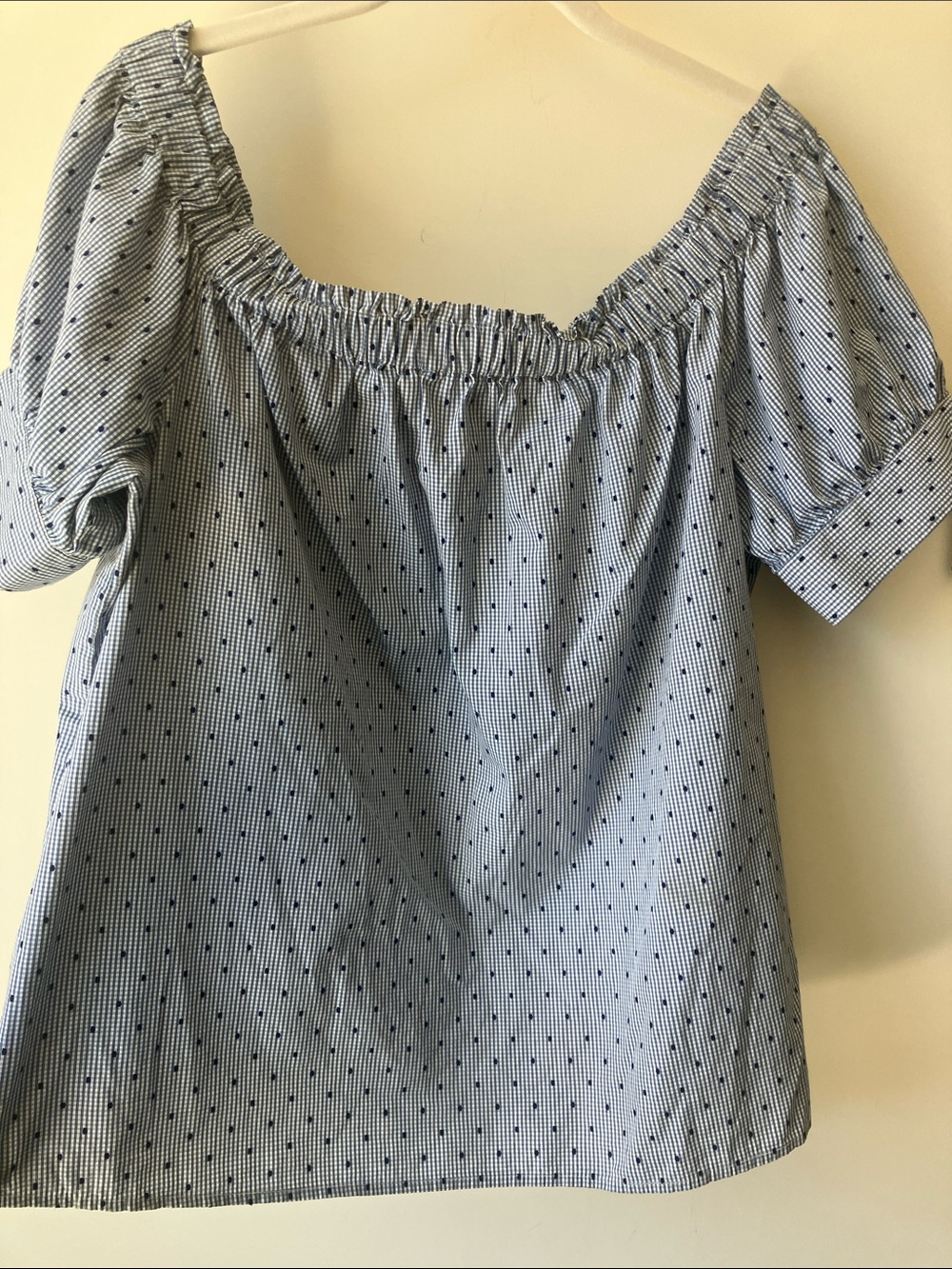 CECE Printed Off-The-Shoulder Cotton Top in Blue Bird Short Puff Sleeves Size XL